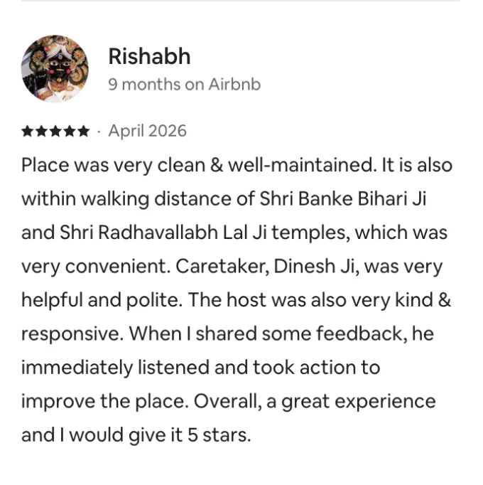 Five-star review by Rishabh: clean and well-maintained, host listened to feedback and took action